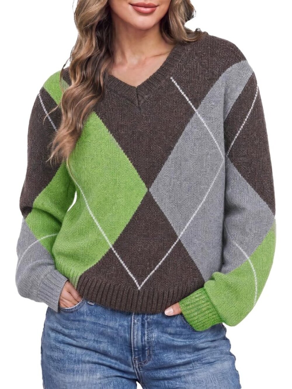Women's Argyle V-Neck Sweater - Cozy, Stylish Fall Essential